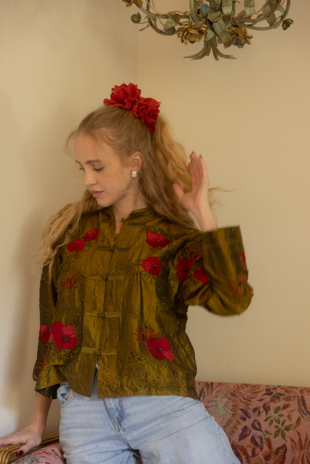 Blusa vintage de seda estilo asiática