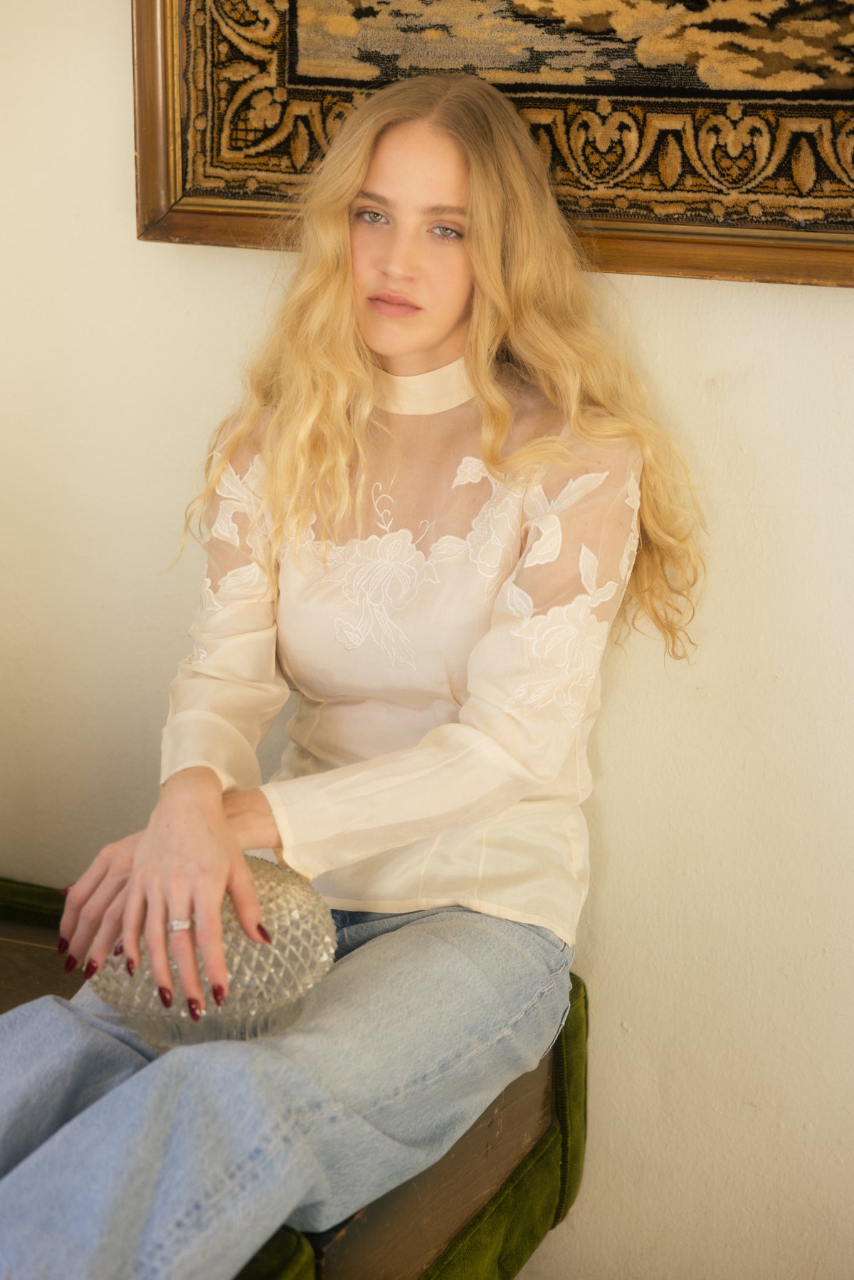 Blusa vintage de seda aperlada
